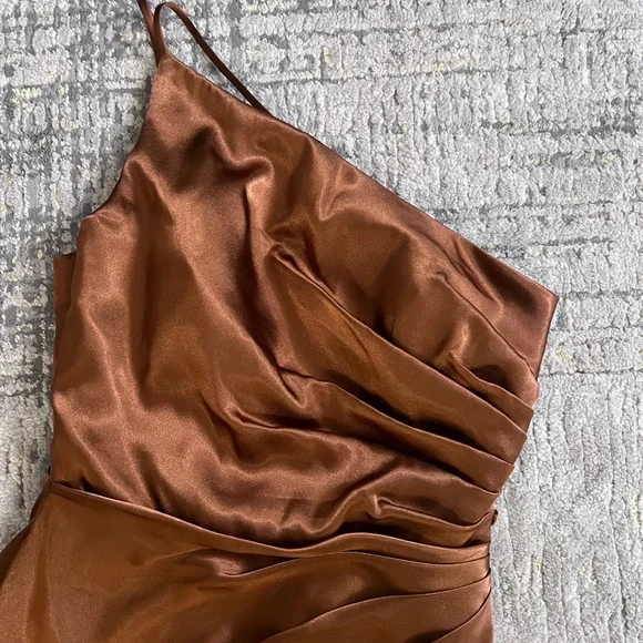 Galina Signature Charmeause Draped One-Shoulder Dress | Tawny Color | Size 0 - Picture 9 of 9